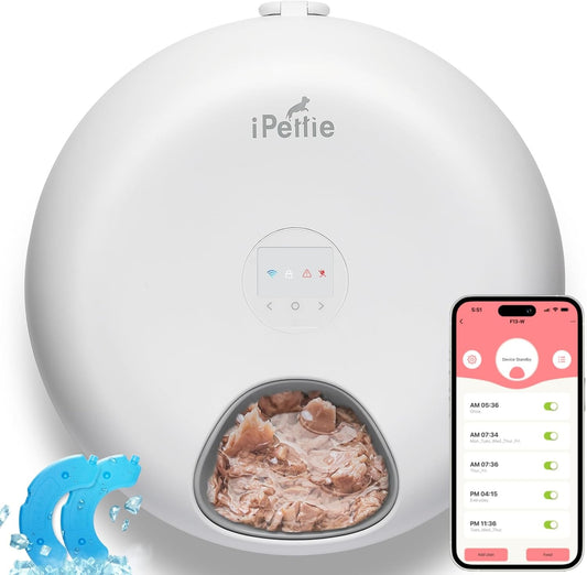 iPettie Donut Frost WiFi 6 Meal Automatic Cat Dispenser with App Control, Dry & Wet Food Automatic Cat Feeder, Smart Dog Feeder with Two Ice Packs, Programmable Timer, Holds 6 x ½ lb. of Food