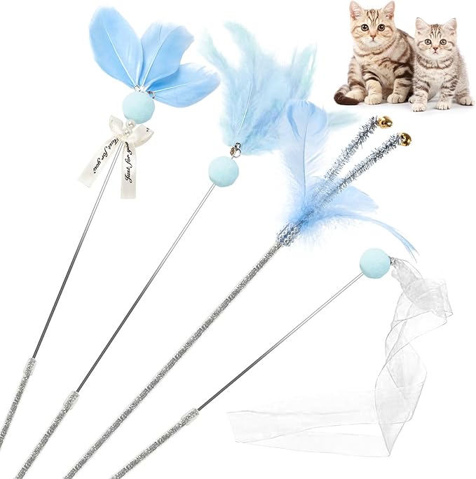 Interactive Cat Toys - 4-in-1 Cat Teaser Wand Toy and Feather Toys Refills for Indoor Cats to Chase and Exercise Design for Large and Small Cats