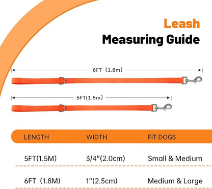 Waterproof Dog Leash, 5/6 FT Durable Odor-Proof Dog Leashes with Strong Metal Hooks Fits Small Medium or Large Dogs (Orange, 6FT - 1 inch Width)