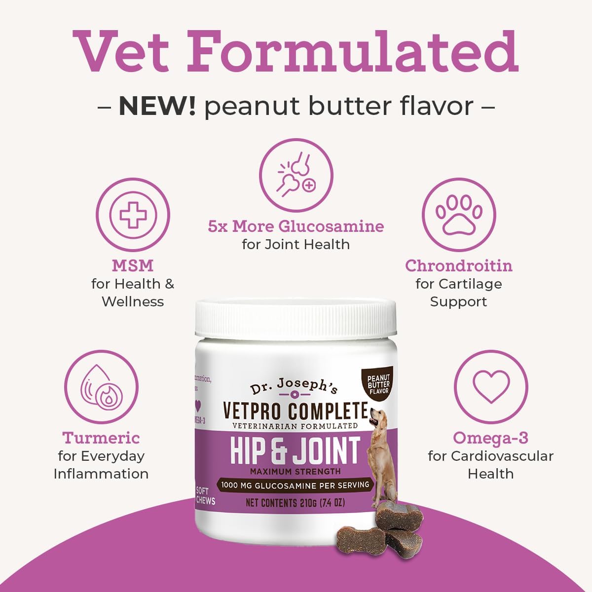 VetPro Complete Dr. Joseph's Peanut Butter Hip and Joint Dog Chews, 60 Count, Pain and Inflammation Relief with Glucosamine, Chondroitin, MSM, Turmeric, Vitamin C, Omega 3, Treats Hip Dysplasia