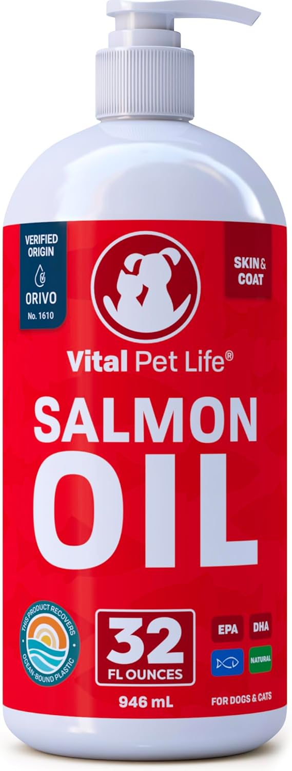 Salmon Oil for Dogs & Cats - Healthy Skin & Coat, Fish Oil, Omega 3 EPA DHA, Liquid Food Supplement for Pets, All Natural, Supports Joint & Bone Health, Natural Allergy & Inflammation Defense, 32 oz