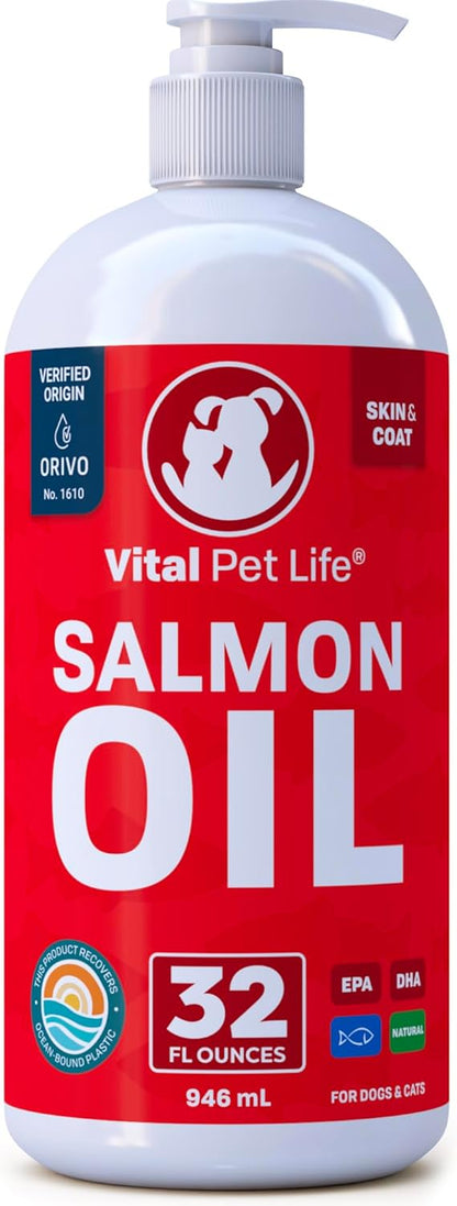 Salmon Oil for Dogs & Cats - Healthy Skin & Coat, Fish Oil, Omega 3 EPA DHA, Liquid Food Supplement for Pets, All Natural, Supports Joint & Bone Health, Natural Allergy & Inflammation Defense, 32 oz