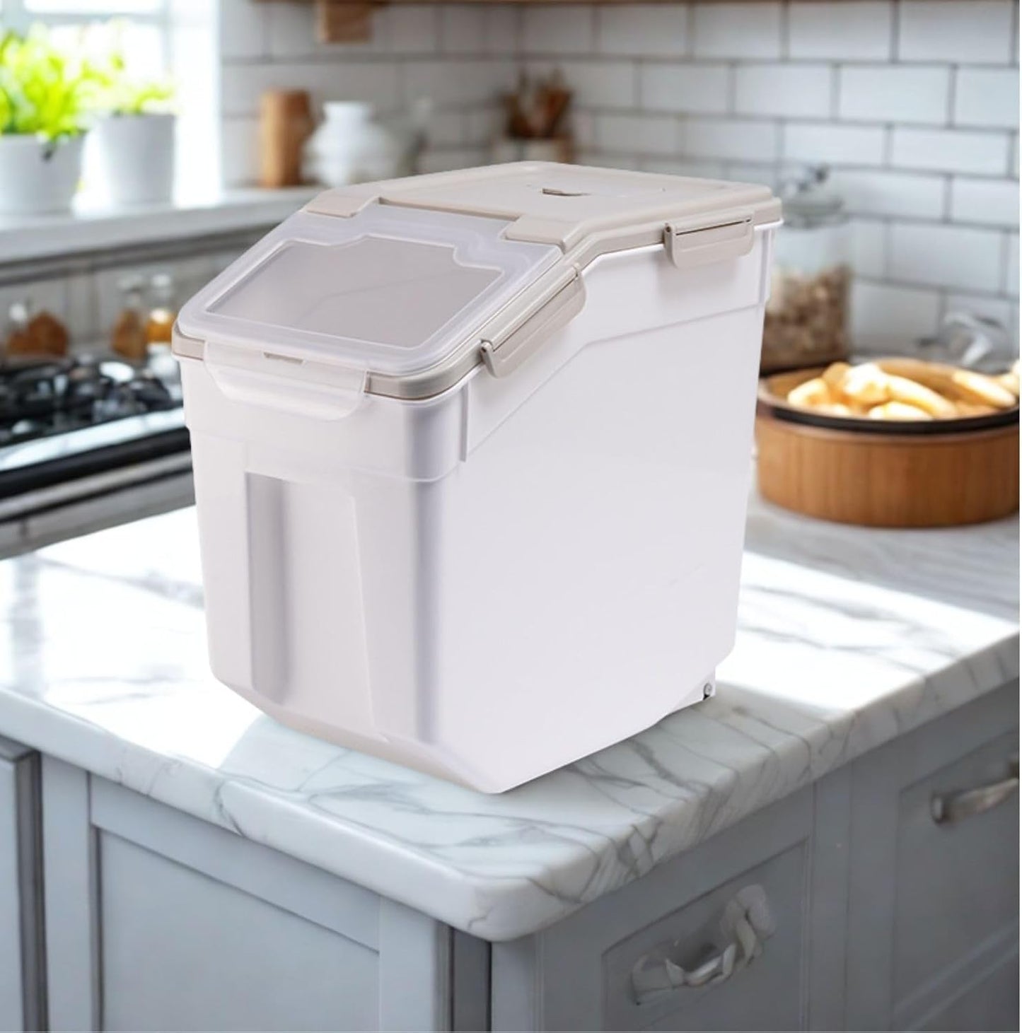 Large Flour Storage Container Bin 25lb,4 Pack Airtight Rice Storage Containers with Wheels Seal Locking Lid BPA Free with Measuring Cup,Scoop for Flour, Rice, Grain, Dry Food - Grey