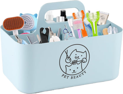 Dog Storage Organizer for Grooming Supplies,Portable Caddy Organizer for Pet Stuff,Divided Storage Bin for Dog Cat Grooming Kit,Dog Stuff Organizer with Handle for Shampoo,Clipper,Comb-Blue