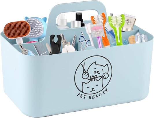 Dog Storage Organizer for Grooming Supplies,Portable Caddy Organizer for Pet Stuff,Divided Storage Bin for Dog Cat Grooming Kit,Dog Stuff Organizer with Handle for Shampoo,Clipper,Comb-Blue