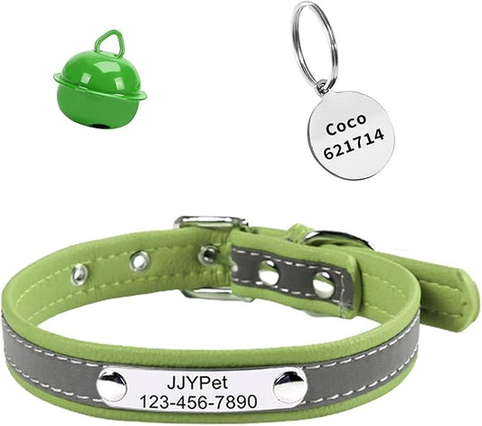 Personalized Reflective Cat Collars with Name Tag and Plated,Engraved Custom Cat Collar with Name and Phone,Kitten Collar with Safety Buckle Adjustable for Cats and Kitten(Green)