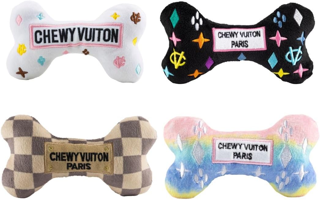 Haute Diggity Dog Medium Chewy Vuiton Bones Plush Dog Toys for Small, Medium & Large Dogs, 4-Pack Durable Stuffed Designer-Inspired Pet Toys with Interactive Squeaker, Machine-Washable & Safe