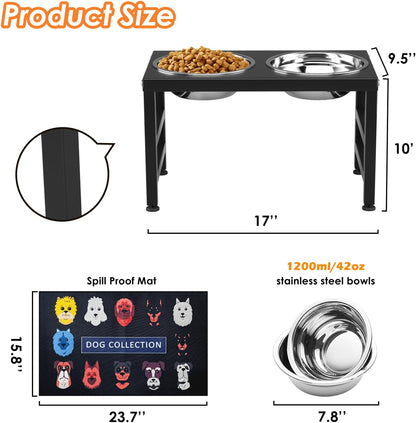 Metal Raised Dog Bowl, 10" Tall Elevate Dog Feeder Stand with 2 Stainless Steel 42oz Bowls & 16x24 Non-Slip Mat – Stronger Dogs Food & Water Bowl Stand (Black)