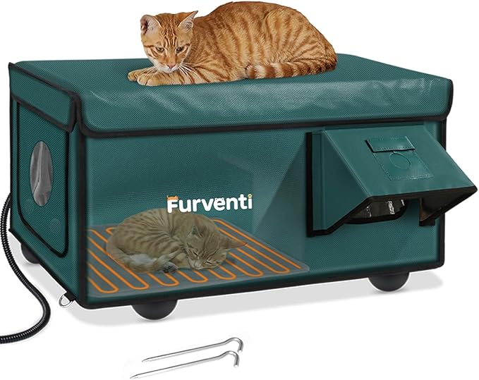 Outdoor Heated Cat House in Winter,Extremely Insulated & Weatherproof,Feral Cat Shelter with Waterproof Eaves & Escape Door for Outside Stray Barn Cat(Dark Green,25.6"x16.5"x13.4")