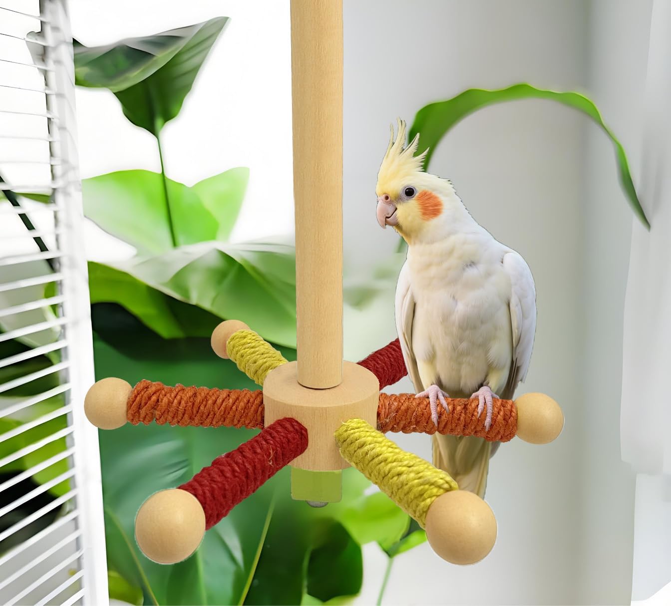 Rotating Bird Perch Toy – Fun Spinning Cage Stand for Parakeets, Budgies, Lovebird, Cockatiels, Conure, Finches & Quaker – for Small-Medium Birds to Relieve Boredom & Encourage Play (Yellow)
