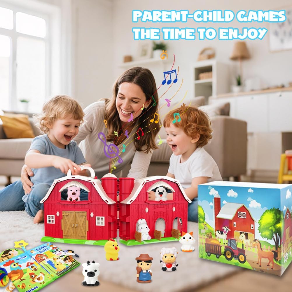 Musical Red Barn Farm Animal Toys with Tails Baby Book, Educational Preschool Farm Animals Finger Puppet for Toddlers 1-3, Montessori Learning Toys Christmas Birthday Gift for Boys Girls 12-18 Months