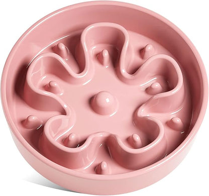 LE TAUCI Slow Feeder Dog Bowls Ceramic,3 Cups Slow Feeding Dog Bowl Medium Large Breed, Pet Bowl for Fast Eaters, Puzzle Pet Dishes, Pink Bloom