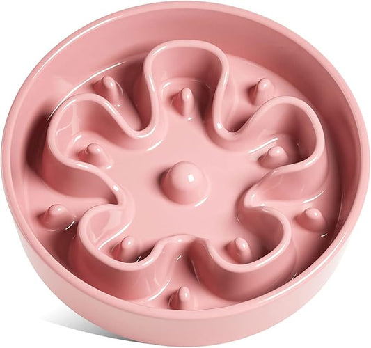 LE TAUCI Slow Feeder Dog Bowls Ceramic,3 Cups Slow Feeding Dog Bowl Medium Large Breed, Pet Bowl for Fast Eaters, Puzzle Pet Dishes, Pink Bloom