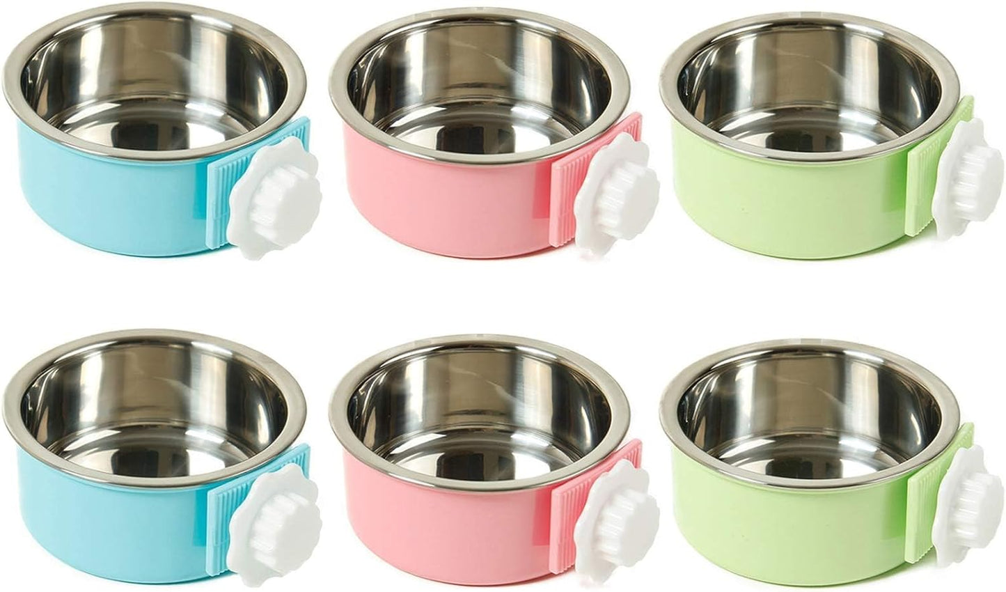 kathson Crate Dog Bowl, Removable Stainless Steel Hanging Pet Cage Bowl Food & Water Feeder Coop Cup for Cat, Puppy, Birds, Rats, Guinea Pigs (6 PCS, Size: M, 2×Blue,2×Green,2×Pink)
