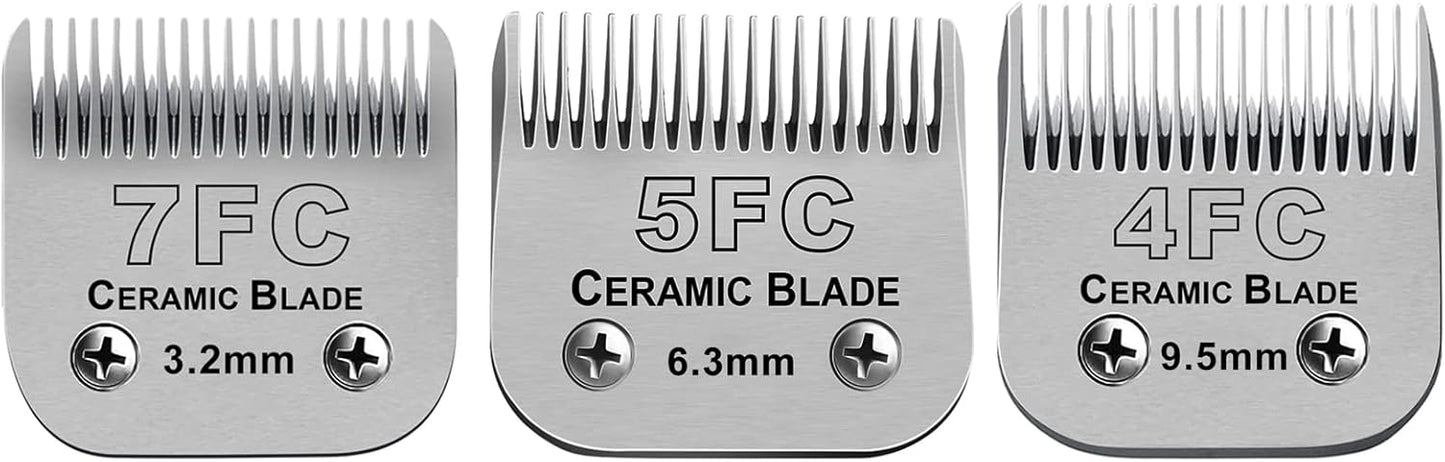 Size 7FC/5FC/4FC Detachable Pet Dog Grooming Clipper Ceramic Blades Set,Compatible with Andis,Oster A5,Wahl KM Series Clippers,Cut Length 1/8"(3.2mm) to 3/8”(9.5mm),3 Pack