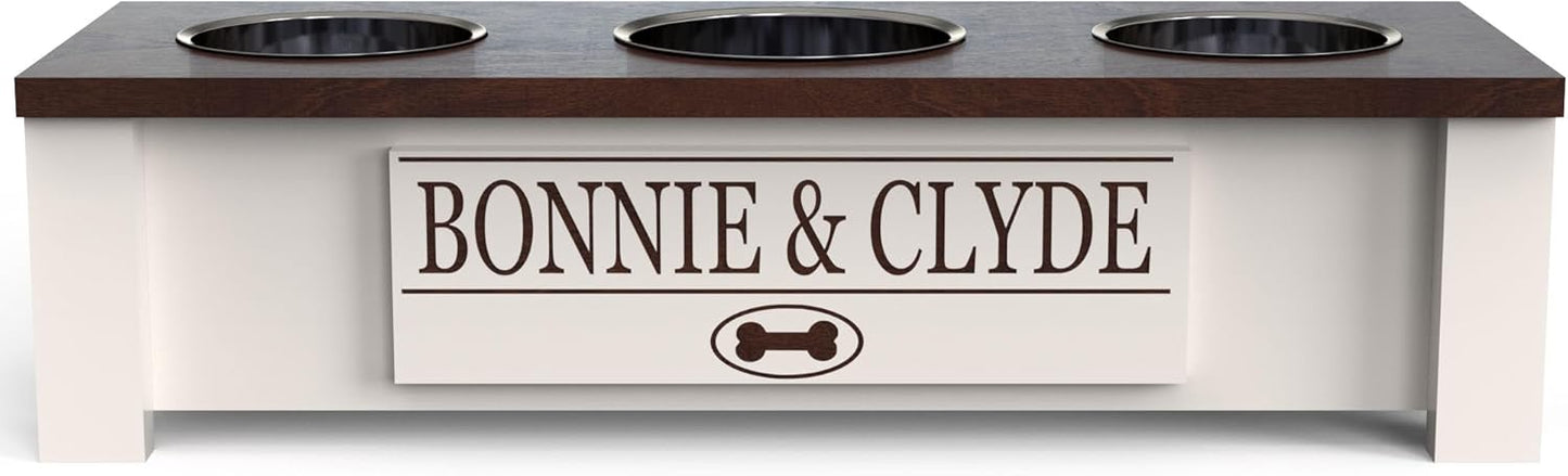GrooveThis Woodshop - Personalized Elevated Triple Dog Bowl Stand for Large, Medium, Small, X-Small Dogs - 3 Stainless Steel Food and Water Bowls - Raised Dog Dish with Internal Storage (Small, Brown)