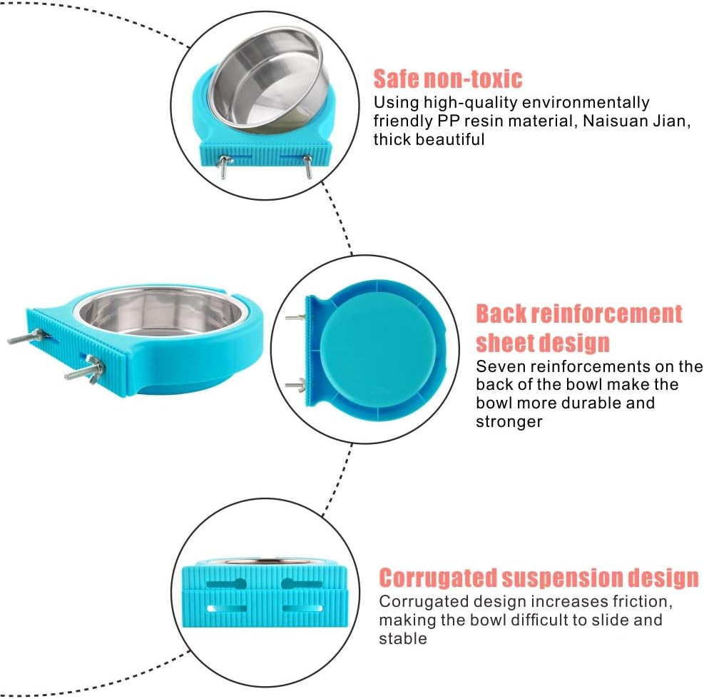 Crate Dog Bowl Removable Stainless Steel Water Food Feeder Bowls Cage Coop Cup for Cat Puppy Bird Pets (Large, Blue with Corrugated Clip)