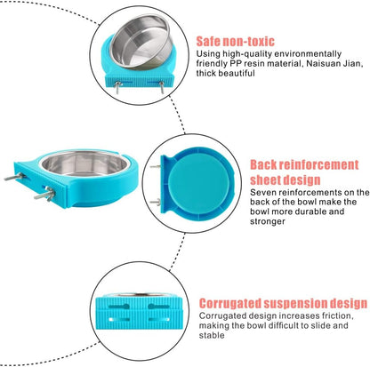 Crate Dog Bowl Removable Stainless Steel Water Food Feeder Bowls Cage Coop Cup for Cat Puppy Bird Pets (Large, Blue with Corrugated Clip)