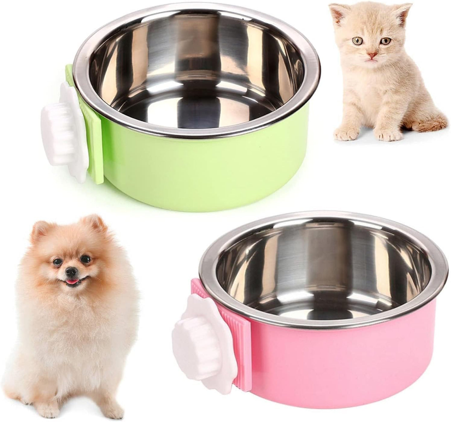 kathson Crate Dog Bowl, Removable Stainless Steel Hanging Pet Cage Bowl Food & Water Feeder Coop Cup for Cat, Puppy, Birds, Rats, Guinea Pigs (2 PCS, Size: M, Green and Pink)