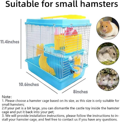Tfwadmx Hamster Carrier, Dwarf Hamster Travel Cage, Portable Cages with Water Bottle, Gerbil Travel Carry Case Outdoor Vacation House for Small Mice(Blue,10.6”x8”x11.4”)