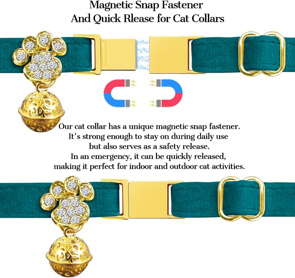 Personalized Breakaway Cat Collars - Magnetic Buckle, Bell - Safety Quick Release, Customized for Girls & Boys Cats- (Velvet-Green)