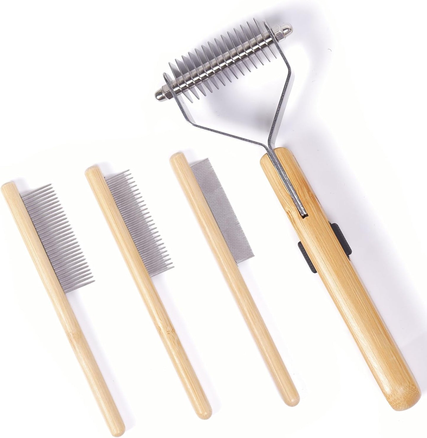 Bamboo Undercoat Rake & Deshedding Comb Set - 4 Piece Pet Grooming Kit with Detangling Brush for Matted Fur Removal, Gentle Massage and Deep Cleaning for Dogs and Cats