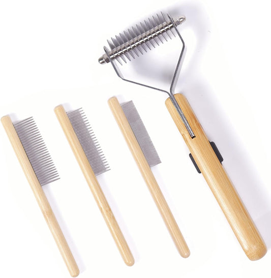 Bamboo Undercoat Rake & Deshedding Comb Set - 4 Piece Pet Grooming Kit with Detangling Brush for Matted Fur Removal, Gentle Massage and Deep Cleaning for Dogs and Cats