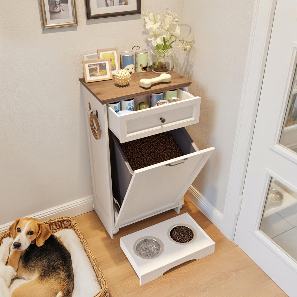 FIMELLO Dog Feeding Station, Tilt-Out Dog Food Storage Cabinet with Drawer,Pet Feeder Cabinet,White Grain