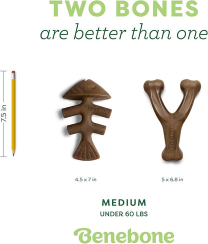 Benebone 2-pack Fishbone/Wishbone Durable Dog Chew Toys, Real Fish, Real Bacon, Made in USA, Medium