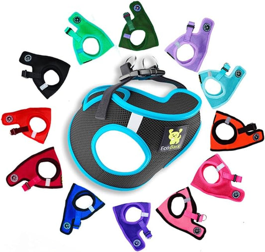 EcoBark Step in Dog Harness - Teacup Dog Harnesses for XXXS, XXS, XS and Small Dog Breeds - Reflective - Adjustable Mini Body Halter Vest - Tiny Soft Mesh Toy Breed (Black and Teal, XXXS)