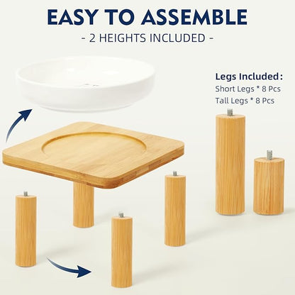 Elevated Cat Bowls for Indoor Cats – Raised Bamboo Cat Bowl Stand with 5.75 Inch Wide Ceramic Dishes, Pet Food Plate Table for Easy Feeding, Whisker Friendly(White,Set of 2)