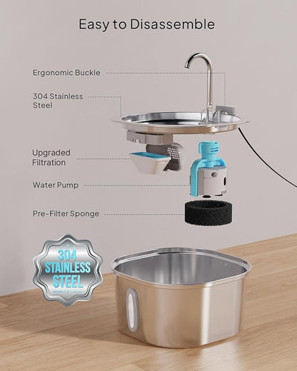 PEKTACO Stainless Steel Cat Water Fountain, 3.2L/108oz Cat Water Dispenser with Ultra-Quiet Water Pump and Water-Level Window, Dishwasher Safe Pet Drinking Fountain for Cats & Small Dogs