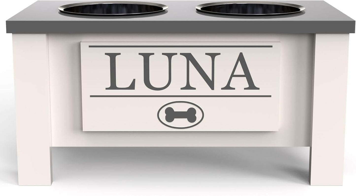 GrooveThis Woodshop - Personalized Elevated Dog Bowl Stand for Large, Medium, Small, X-Small Dogs - Stainless Steel Food and Water Bowls - Raised Dog Dish with Internal Storage (Medium, Grey)