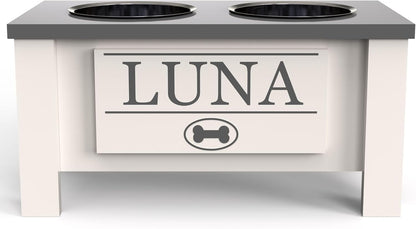 GrooveThis Woodshop - Personalized Elevated Dog Bowl Stand for Large, Medium, Small, X-Small Dogs - Stainless Steel Food and Water Bowls - Raised Dog Dish with Internal Storage (Medium, Grey)