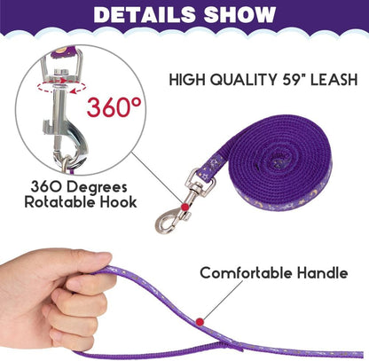 PAWCHIE Cat Harness with Leash and Collar Set - Escape Proof Adjustable H-shped Cat Harness with Star and Moon Pattern Glow in The Dark for Kitty Outdoor Walking