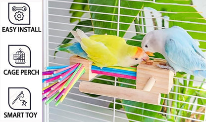 Parrot Cage Toy(4 funcitons) Perch Standing with Pine Wood Foraging Smart Toy Soft Corks for Small to Regular Size Parrot Cockatiel Birds