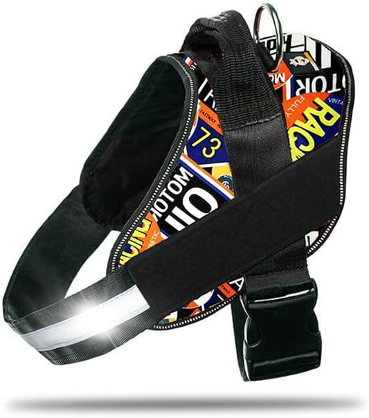Non Pull Dog Harness with Patch Panels and Handle, Adjustable, Reflective, No Choke, Heavy Duty Easy On Service Dog Vest Harnesses for Medium Large Small Sized Dogs - Motorsport, 2XL