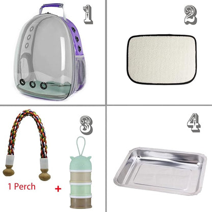 Bird Traval Carrier Cage, Clear Space Capsule Astronaut Backpack to Carry Parakeet Cockatiel Parrot with Metal Tray Wood Perch, Vet Transport Book Bag