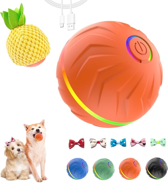 T01 Interactive Dog Toys Dog Ball,Anti Boredom Dog Toys,Durable Motion Activated Automatic Rolling Toys for Small/Medium Dogs,Moving Ball for Dogs to Keep Them Busy,Dog Bows,Fruity Plush Covers,Orange