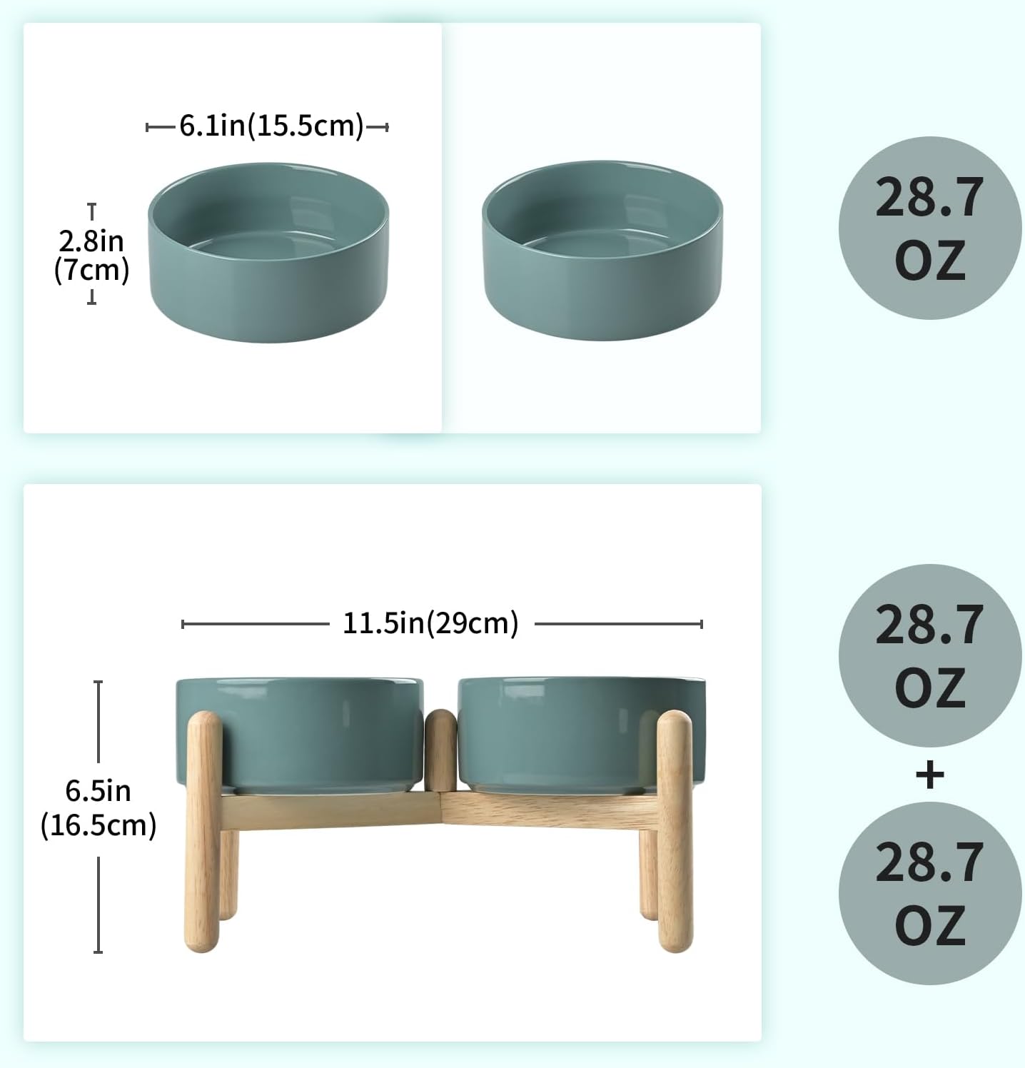 SPUNKYJUNKY Ceramics Raised Dog Bowls with Wooden Stand - Elevated Dog Feeding Set (Double 28.7OZ, Dark Green)