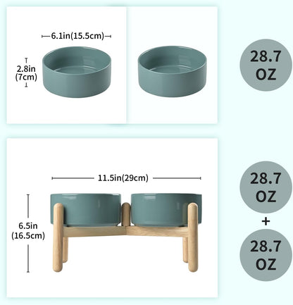SPUNKYJUNKY Ceramics Raised Dog Bowls with Wooden Stand - Elevated Dog Feeding Set (Double 28.7OZ, Dark Green)