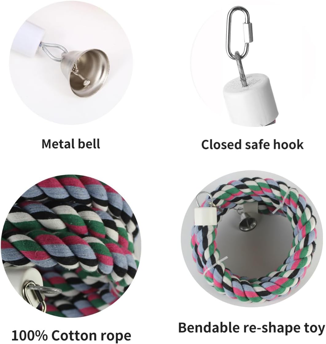 94.4inch Length Colorful Cotton Bendable Rope Perch Swing Bird Chew Toys Amazon Parrots Cage Toys with Bell Swing Climbing Standing Bungee Bird Toys for Regular to Big Size Birds
