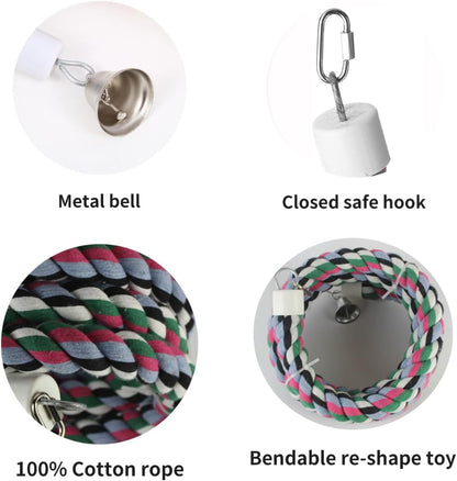 94.4inch Length Colorful Cotton Bendable Rope Perch Swing Bird Chew Toys Amazon Parrots Cage Toys with Bell Swing Climbing Standing Bungee Bird Toys for Regular to Big Size Birds