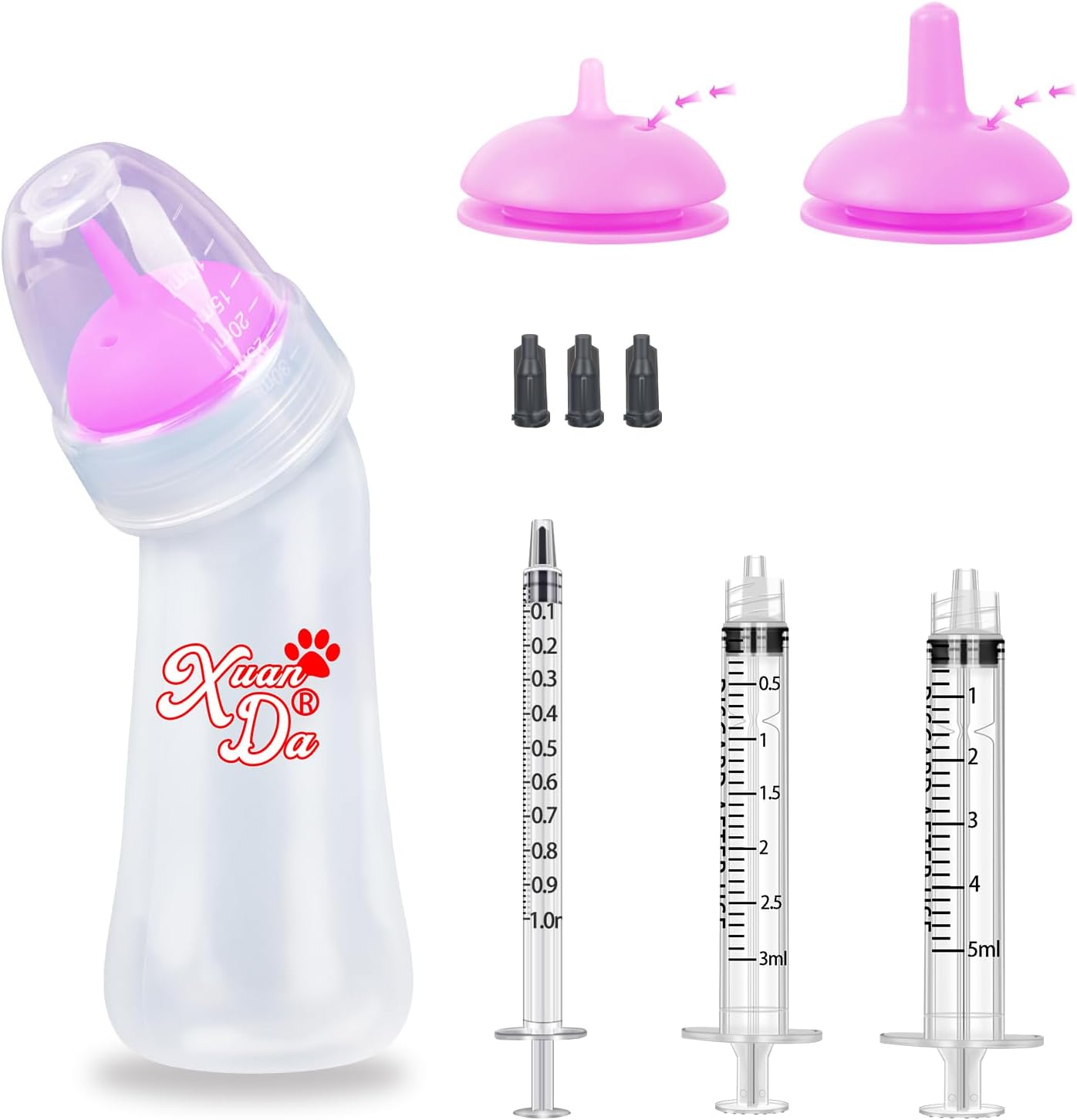 Pet Feeding Bottle and Syringes, 3 Sizes Nipples with Ventilation Valve Resistant Tearing Perfect for Puppies, Kittens, Small Wildlife (Pink)