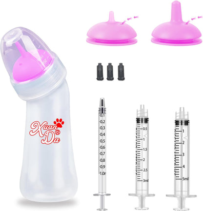 Pet Feeding Bottle and Syringes, 3 Sizes Nipples with Ventilation Valve Resistant Tearing Perfect for Puppies, Kittens, Small Wildlife (Pink)