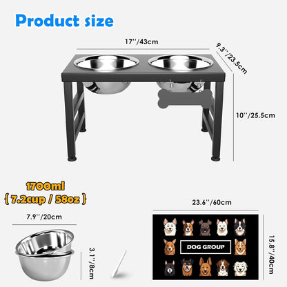 Elevated Dog Bowls, 10" Tall Height, Raised Bowl Stand with 2 Stainless Steel Food Feeder Bowls (58oz) and Spill-Proof Mat for Medium Large and Small Breeds