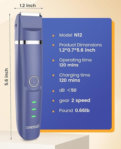 oneisall Dog Clippers & Dog Paw Trimmer 4-in-1 Cordless Grooming Kit: 2-Speed Low Noise Clippers with Rechargeable Quiet Nail Grinder for Dogs & Cats (Blue)