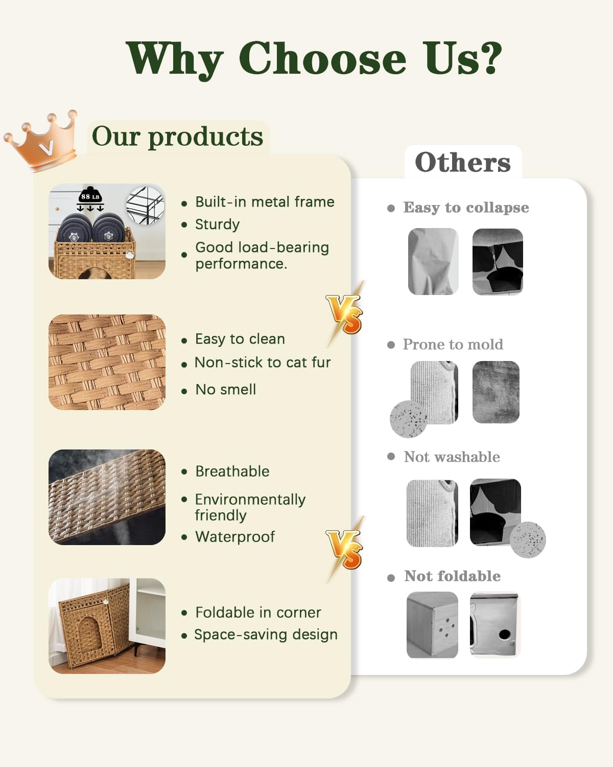 Cat Beds for Indoor Cats Extra Large Double Cat Cave Pet Cube, Handwoven Rattan Cat Houses with Double-Sided Soft Cushions, 18.5 x 20.5 x 19.1 Inches Foldable Hideaway in Living Room Natural