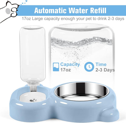 Dog Bowls, Cat Food and Water Bowl Set with Water Dispenser and Stainless Steel Bowl for Cats and Small Dogs - Light Blue