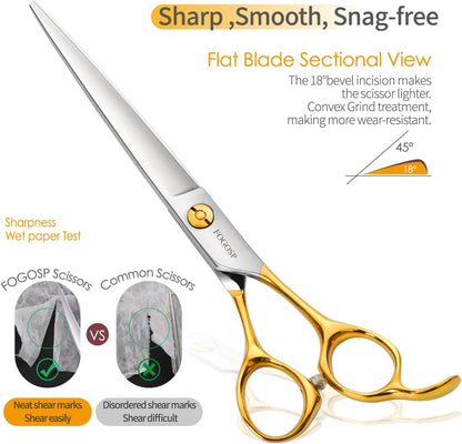 Professional Dog Grooming Scissors Straight 7" Pet Grooming Shears for Cutting Small Dogs Cat Thick Hair Japan 440C Stainless Steel Right Handed(7 in Straight, Gold)